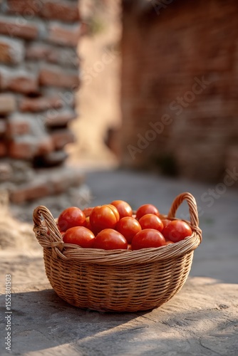 Localism seen in a basket: ripe tomatoes in alleyway basket symbolizing local trade and freshness, Localism, Selective Focus