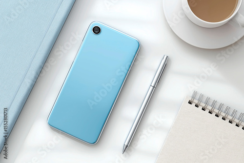 Modern workspace with blue smartphone, silver pen, notebook, book and coffee cup on white desk in natural light