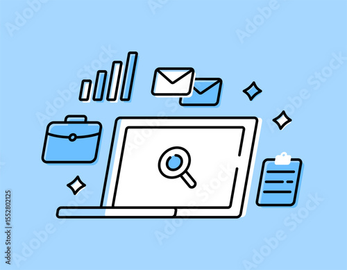 job search concept. recruitment and hiring. searching for job vacancy information. applying for a job. illustration of laptop, email symbol, magnifying glass, clipboard, and briefcase. flat outline