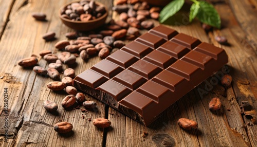 A delicious chocolate bar surrounded by cocoa beans on a rustic wooden table, perfect for sweet cravings and dessert themes.
