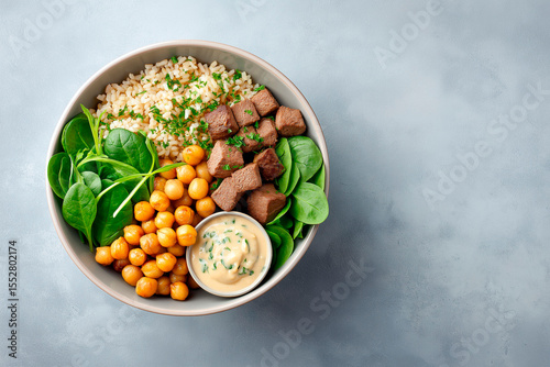Healthy lunch bowl with grilled beef, chickpeas, brown rice, fresh spinach and creamy dressing on light blue background