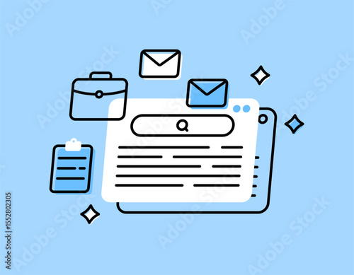 a job search concept. job vacancy information search service. recruitment and hiring. illustration of a webiste window with, briefcase, email, and clipboard symbols. flat style design with outline