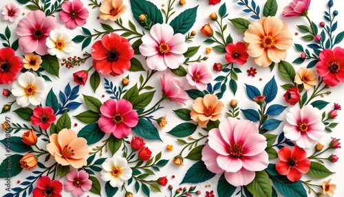 a floral wallpaper with stylized pink and red flowers and green leaves against a white background