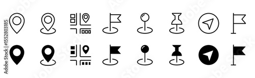 Map pin location icon set. Map markers isolated on white background. Black pointer GPS location symbol. Vector illustration.