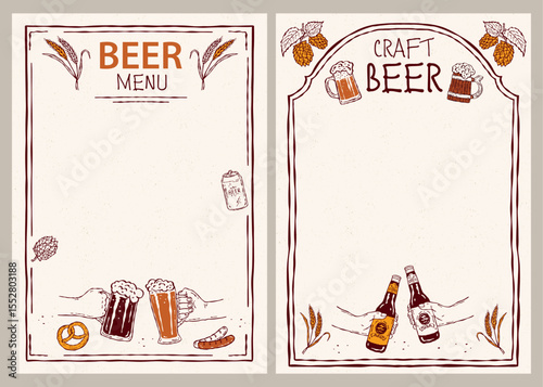Craft beer menu set. Vector hand-drawn icons featuring beer mugs, a beer barrel, malt, and wheat. Perfect for bar menus, branding, packaging, and print projects