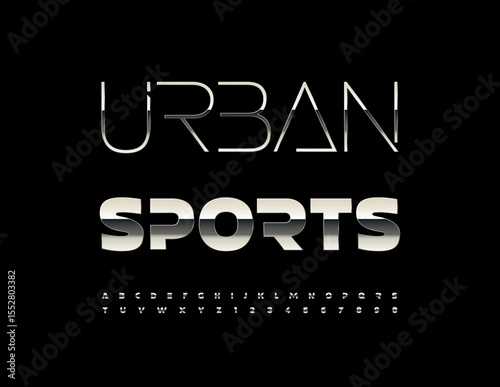 Vector Modern sign Urban Sports. Trendy Metallic Font. Futuristic Silver Alphabet Letters and Numbers set.