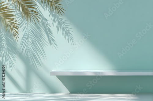 Light teal wall with shelf and palm leaf shadows.