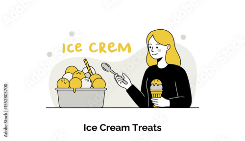 Young woman enjoying ice cream scoops in a casual setting. Smiling female customer holding an ice cream cone and reaching for ice cream scoops at a shop.