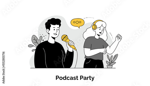 Young adults in casual clothing participate in a podcast recording session. A male host speaks into a microphone while a female listener listens attentively, enjoying the podcast.