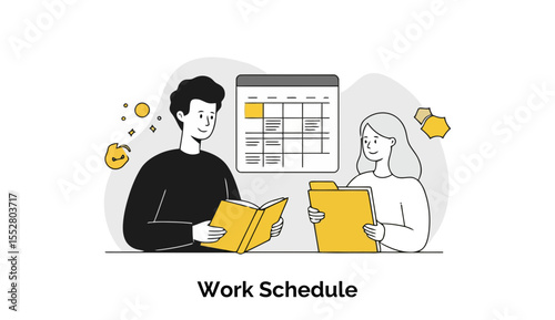 Young adults reviewing work schedule in a modern office setting. Two colleagues engaged in collaborative discussion, seated at a desk with a calendar displayed.