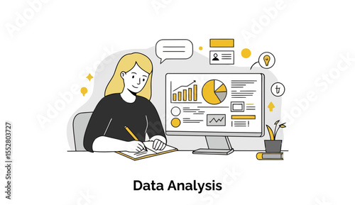 Female data analyst in a dark top, actively taking notes at a desk with computer display showing business data. Focused on data analysis task in a modern office setting.