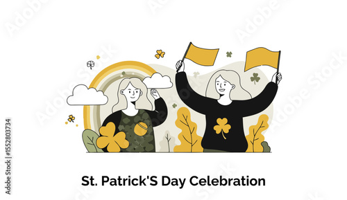 Female figures celebrating St. Patrick's Day in casual wear, holding flags, with a vibrant, artistic background.