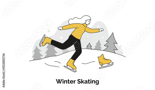 A young woman in yellow winter clothing ice skating on snowy terrain. A casual, active pose depicts enjoyment in a wintery forest setting.