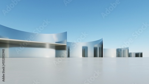 Fototapeta Naklejka Na Ścianę i Meble -  3d illustration of abstract wavy architecture background, Minimal curved geometry architectural design, Car presentation backdrop with empty concrete floor, Flowing geometric metal building design