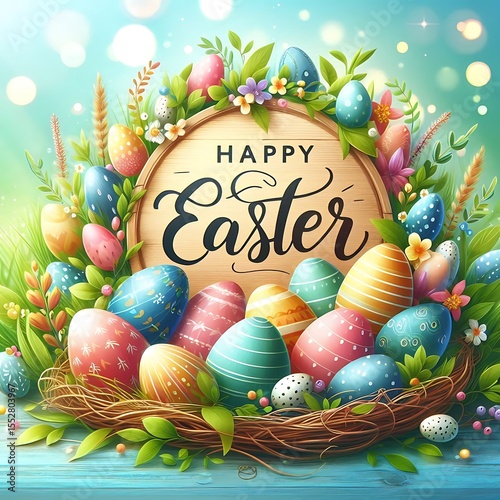 Happy Easter eggs nest spring flowers
