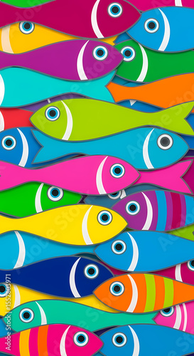 Vibrant seamless pattern with cute colorful cartoon fish. Underwater sea life background illustration.
