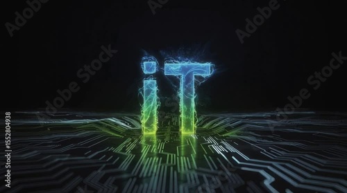 Animated neon text it on a circuit board surface. Digital concept.