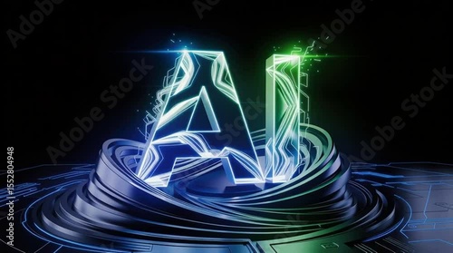 Ai letters with neon lights and abstract shapes on a dark background.
