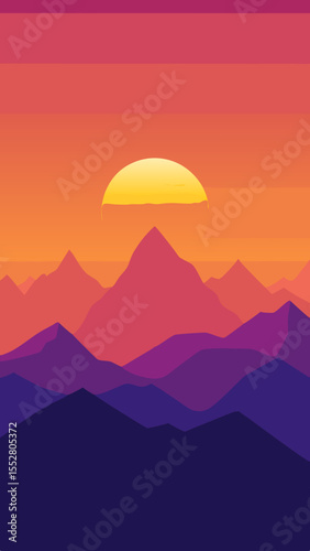 Vibrant sunset over layered mountain ranges in a minimalist flat design