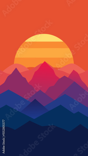 Vibrant geometric mountain range at sunset with layered peaks and a large sun