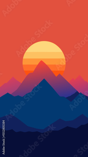 Vibrant sunset over layered mountain peaks in a minimalist style