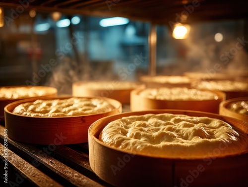 Sourdough delights steamed buns in a bakery indoor kitchen food photography warm atmosphere artistic perspective