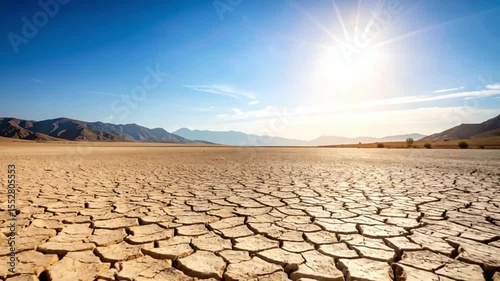Desert landscape cracked earth, mountains background, sunny day, drought illustration