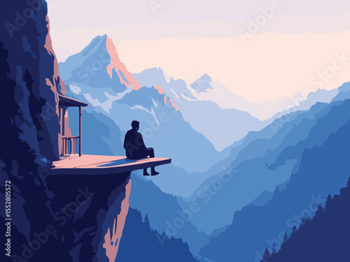 silhouette of a lonely man sitting on the top of the mountain