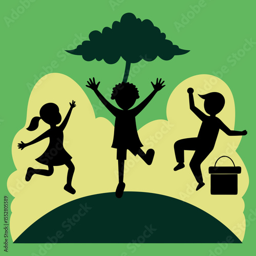 A silhouette image of children playing at a picnic spot.
