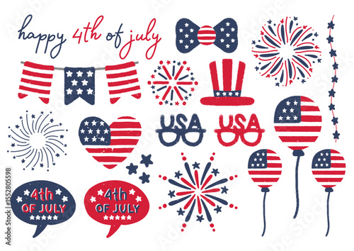 4th of July Clipart Patriotic USA Elements in Handdrawn Textured Vintage Style
