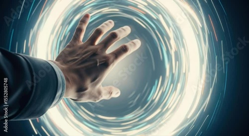 Man hand reaching towards bright portal, futuristic concept, time travel, science fiction.