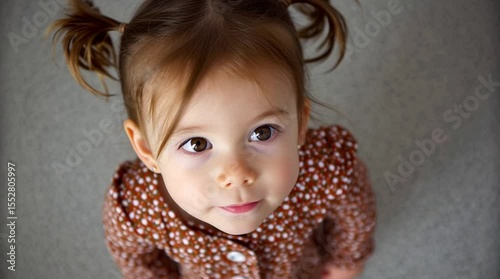 Top view of a little girl with pigtails looking up at the camera. Portrait.