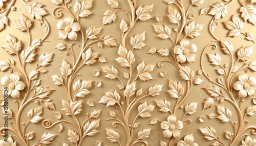 an ornate pattern with a rich, golden tone, showcasing a luxurious wallpaper that resembles intricate gold foil leaf designs adhered to a textured wall