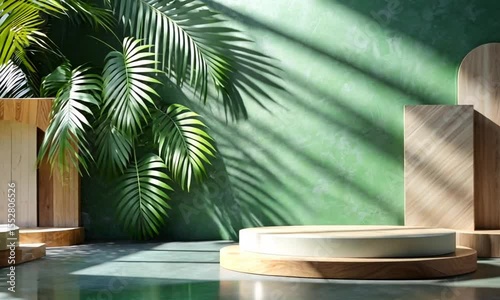 Tropical Product Display: Palm Shadows on Green Wall with Wooden Pedestal and Archways