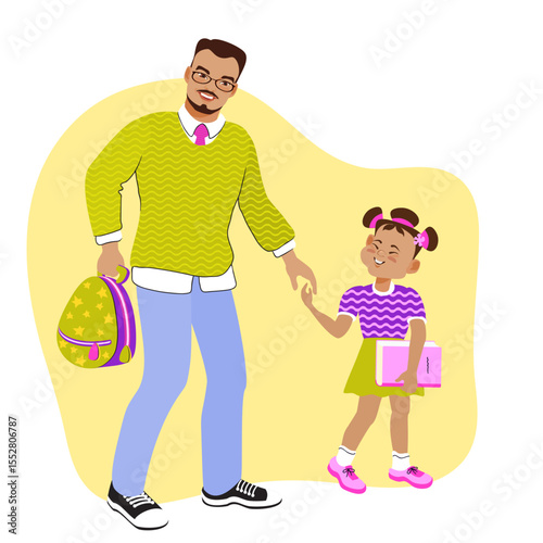 Dad and daughter are holding hands and walking to school. Family scene, care, parenting. A loving father and his child strolling, talking, and smiling. Vector flat illustration.