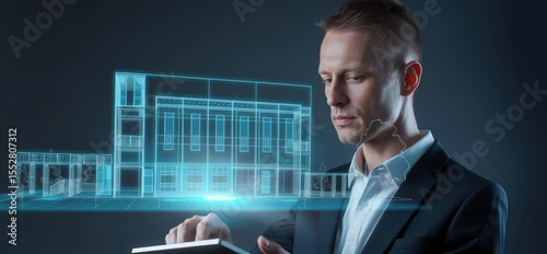 Architect using a tablet to view a modern house design hologram, showcasing future technology.