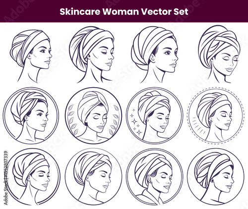Skincare Woman Set Line Art Portraits with Towels, Beauty Spa Illustrations