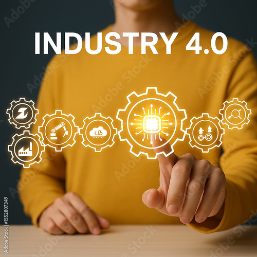 Person touching industry 4 0 concept with integrated digital technology icons