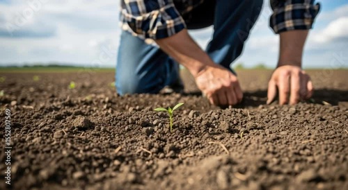 Farmer planting a seedling in soil. Agriculture, gardening, and farming concept.