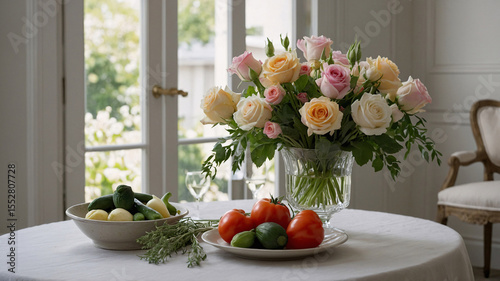 vegetable plate with cucumber tomato and paprika beside refreshing drink on marble table with flowers in vase cozy dining room interior sunlight setup Vegetables Stock Photo Background Wallpaper