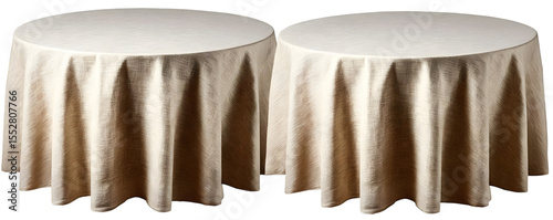 Elegant round tables with beige tablecloths perfect for formal gatherings, weddings, or upscale events, adding a touch of sophistication.