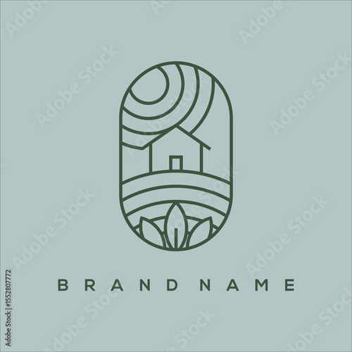 line art house farm and sun logo vector