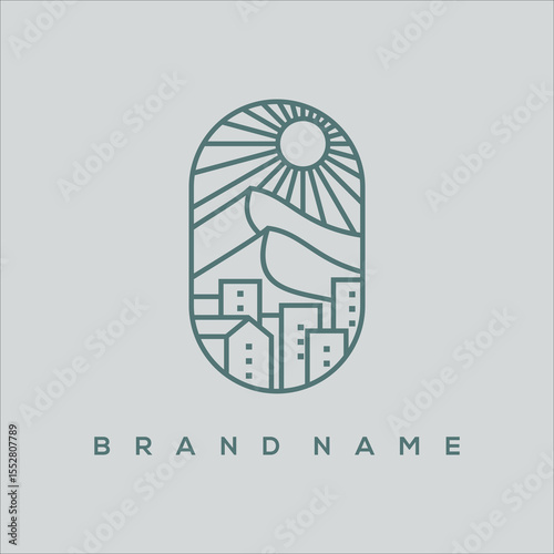 minimalist line art city mountain and sun logo vector