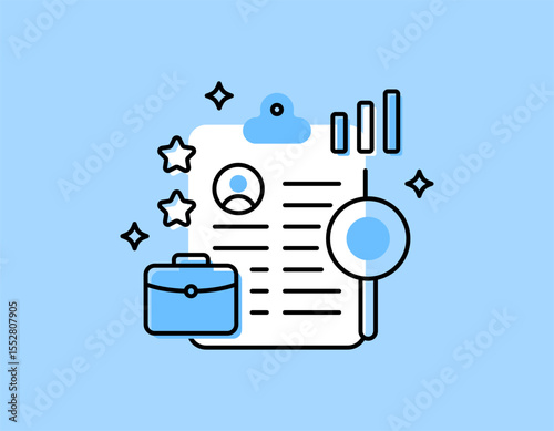 job search concept. recruitment and hiring. searching for job vacancy information. applying for a job. illustration of a Curriculum Vitae file symbol, magnifying glass, and briefcase. flat outline