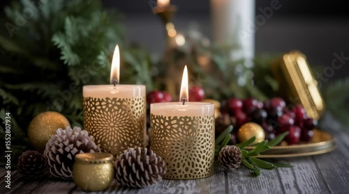 Festive candles and pine cones create a warm holiday atmosphere, perfect for christmas decor.