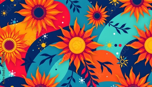 an intricate pattern consisting of a floral design with sunflowers in shades of orange, yellow, and red against a blue background, set within a curved frame