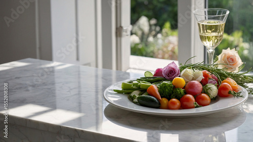 home dining room scene with marble table vegetable plate cucumber tomato paprika drink glass and flower vase soft natural light minimal interior concept Vegetables Stock Photo Background Wallpaper