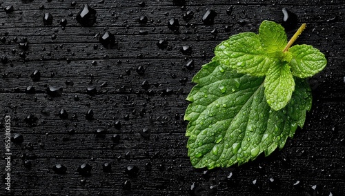 Fresh Mint Sprig on Black Wood with Water Droplets Top View High Contrast