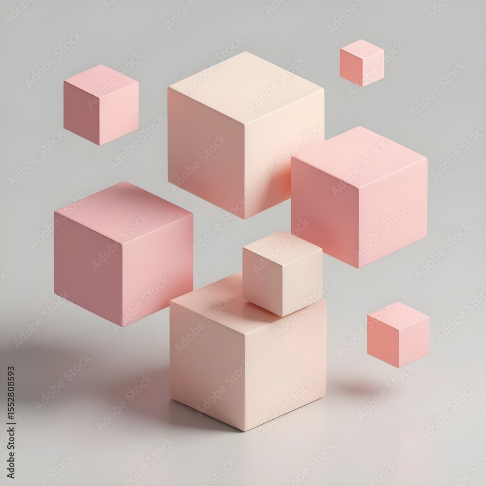 Fototapeta premium Vibrant pink cubes rendered in 3D, set against a soft gray background, offering a striking contrast and modern appeal.
