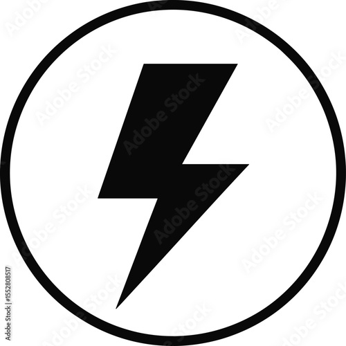 Black Lightning Bolt Icon in Circle, Symbolizing Electricity, Power, Energy, Flash, Speed, Alert, Danger, Fast Charging, High Voltage, Quick Action, Thunder, Warning, Current.